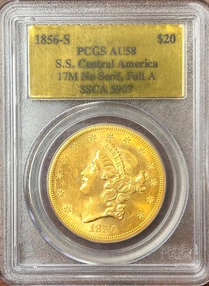 
                
                    Load image into Gallery viewer, 1856-S $20 Liberty PCGS AU58 SS Central America Shipwreck
                
            