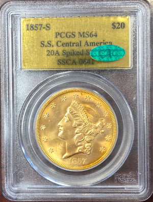 1857-S $20 Liberty PCGS MS64 CAC SS Central America Shipwreck