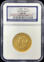 SS Republic Gold 1847 $10 Liberty NGC AU55