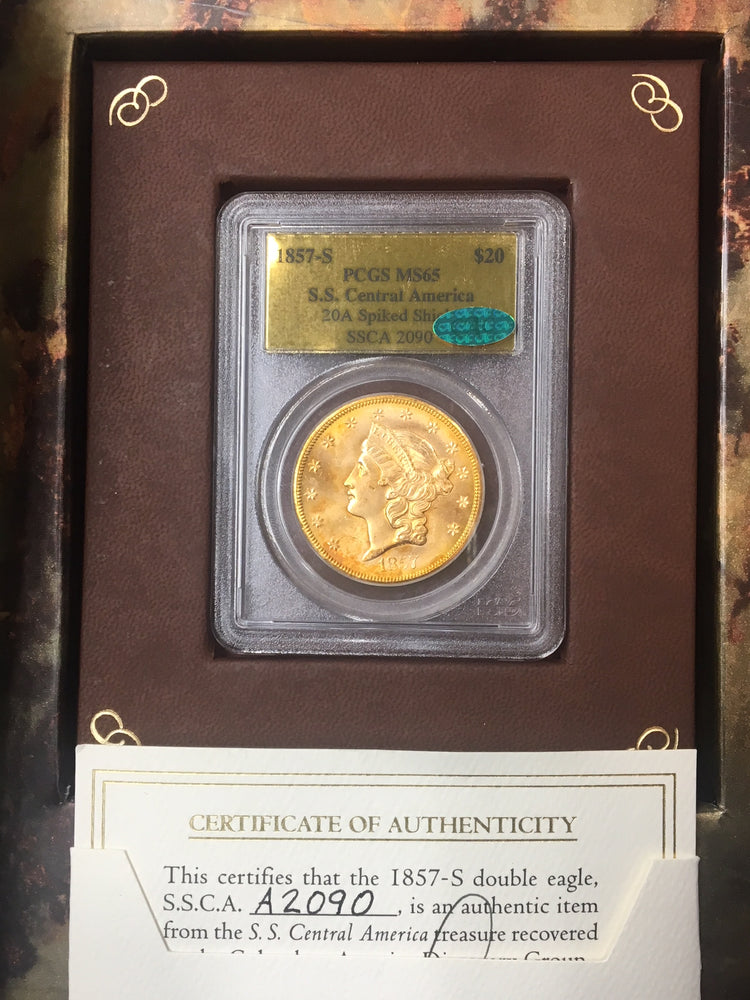 
                
                    Load image into Gallery viewer, 1857-S $20 Liberty Gold PCGS MS65 CAC SS Central America
                
            