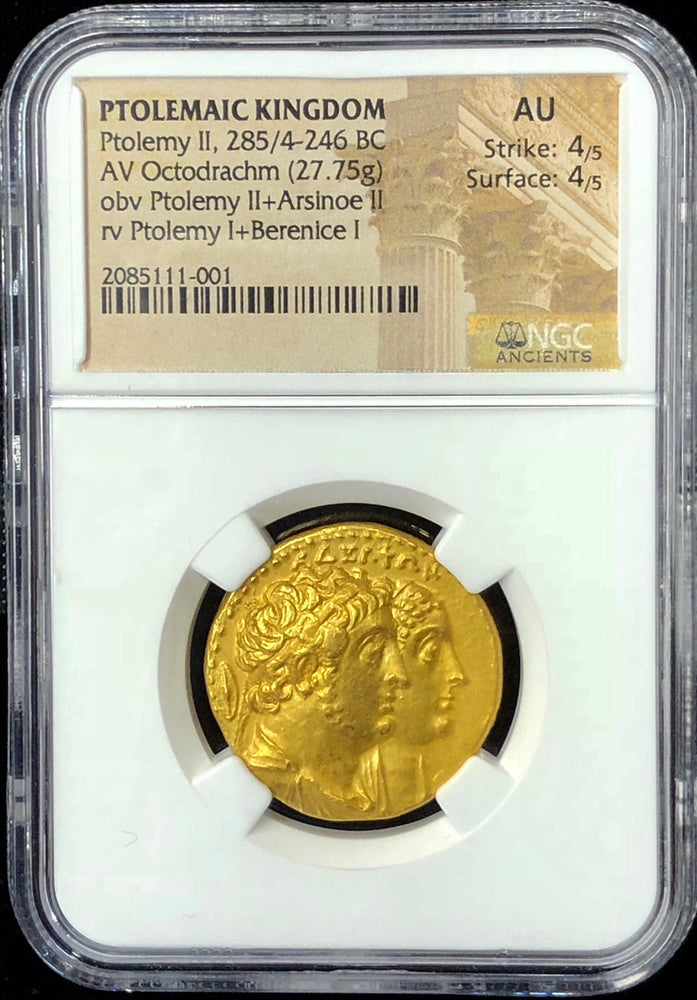 
                
                    Load image into Gallery viewer, Ptolemaic Kingdom Ptolemy II Gold Octodrachm NGC AU 4x4
                
            