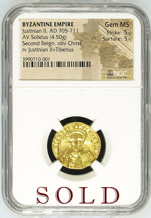 Byzantine Empire, Justinian II Gold Solidus (Second Reign) NGC Gem MS 5x5