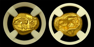 
                
                    Load image into Gallery viewer, Croesus Lion and Bull &amp;quot;Light Series&amp;quot; Gold Stater NGC CHMS 4x5
                
            