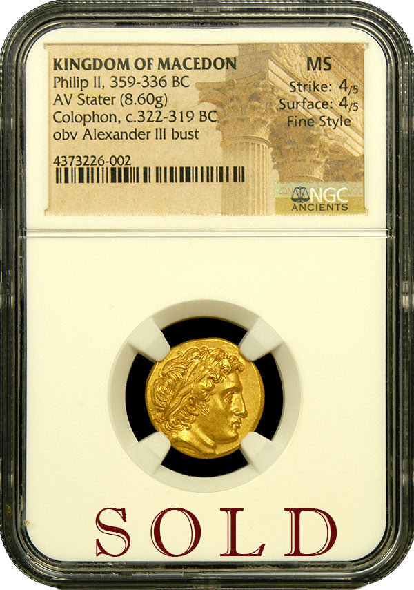 Kingdom of Macedon, Philip II Gold Stater NGC MS 4x4 Fine Style