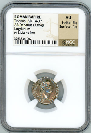 Roman Empire Tiberius AR Denarius NGC AU