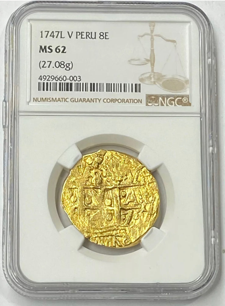 1747 L V Peru Ferdinand VI Gold Cob 8 Escudos NGC MS62