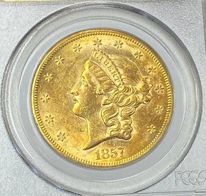 
                
                    Load image into Gallery viewer, 1857-S $20 Liberty Gold Double Eagle PCGS AU55 SS Central America Shipwreck PQ+
                
            