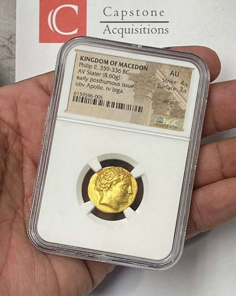 
                
                    Load image into Gallery viewer, Philip II 359-336 BC Gold Stater NGC AU Struck Under Alexander the Great his Son
                
            