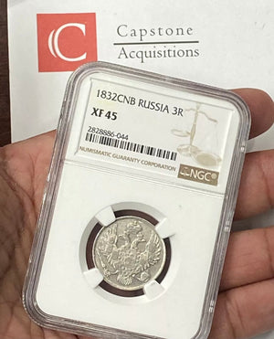 
                
                    Load image into Gallery viewer, 1832 CNB Czar Nicholas I Imperial Russia 3 Ruble Platinum NGC XF45 Very Rare!
                
            