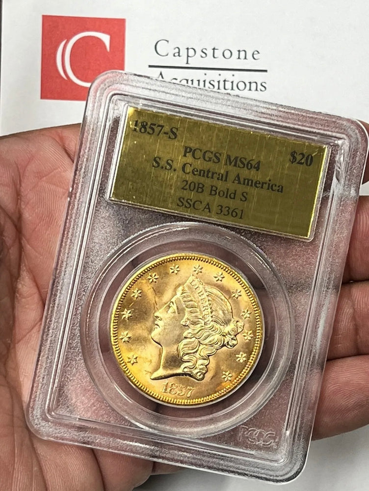 
                
                    Load image into Gallery viewer, 1857-S $20 Liberty Gold Double Eagle PCGS MS64 SS Central America Shipwreck
                
            
