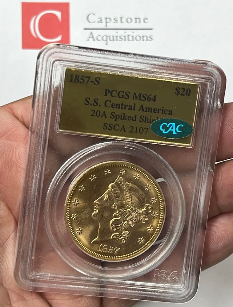 1857-S $20 Liberty Gold Double Eagle PCGS MS64 CAC SS Central America Shipwreck
