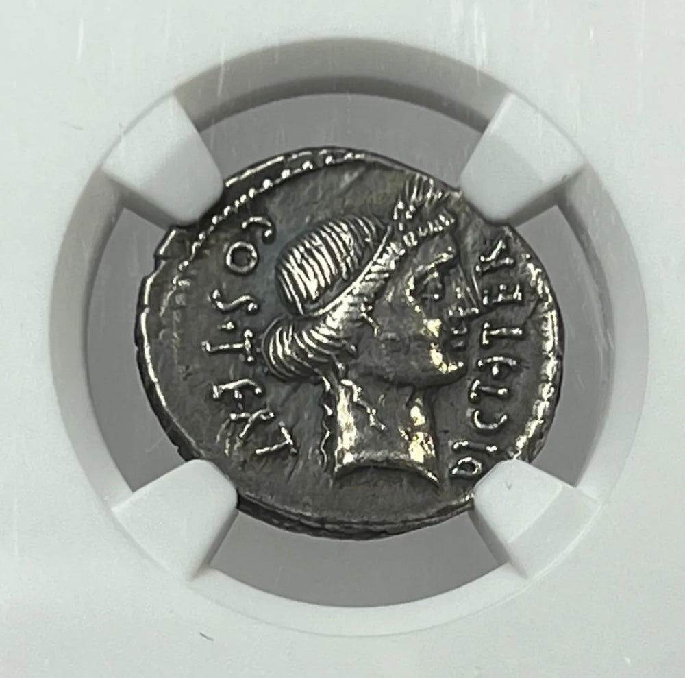 Ancient Roman Imperatorial Julius Caesar 46 BC Silver Denarius NGC CHXF Ceres