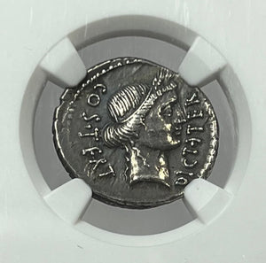 Ancient Roman Imperatorial Julius Caesar 46 BC Silver Denarius NGC CHXF Ceres