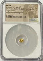 Lydia King Croesus 561-546 BC Gold 1/12 Stater NGC AU World’s First Gold Coin!