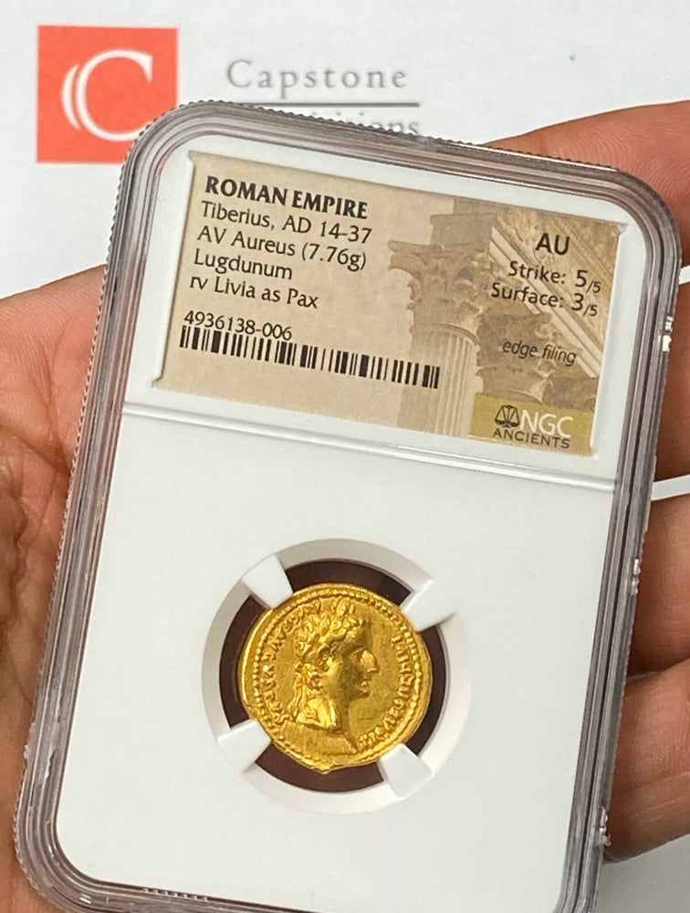 Roman Empire Tiberius AD 14-37 Gold Aureus NGC AU Tribute Penny In Gold Jesus