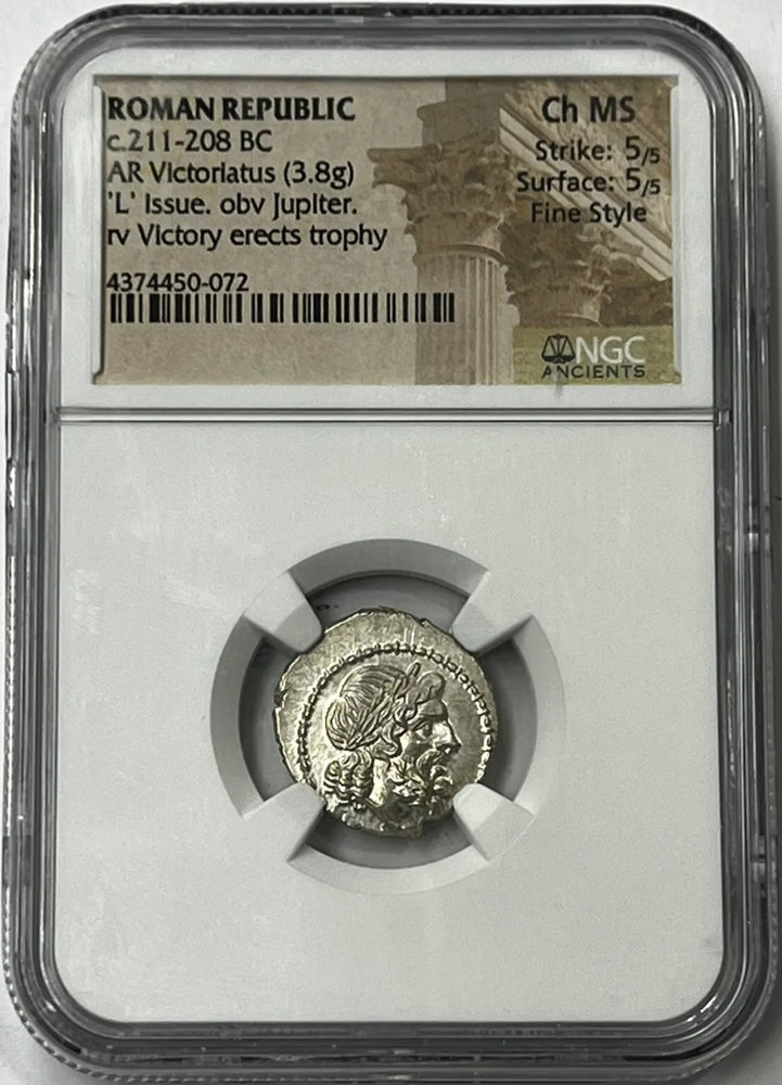 Roman Republic 211-208 BC Jupiter Silver Victoriatus NGC CHMS Fine Style