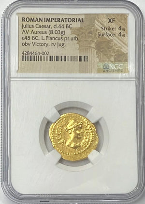 
                
                    Load image into Gallery viewer, RARE Julius Caesar 45BC Gold Aureus NGC XF “Winged Victory” Lifetime Issue
                
            