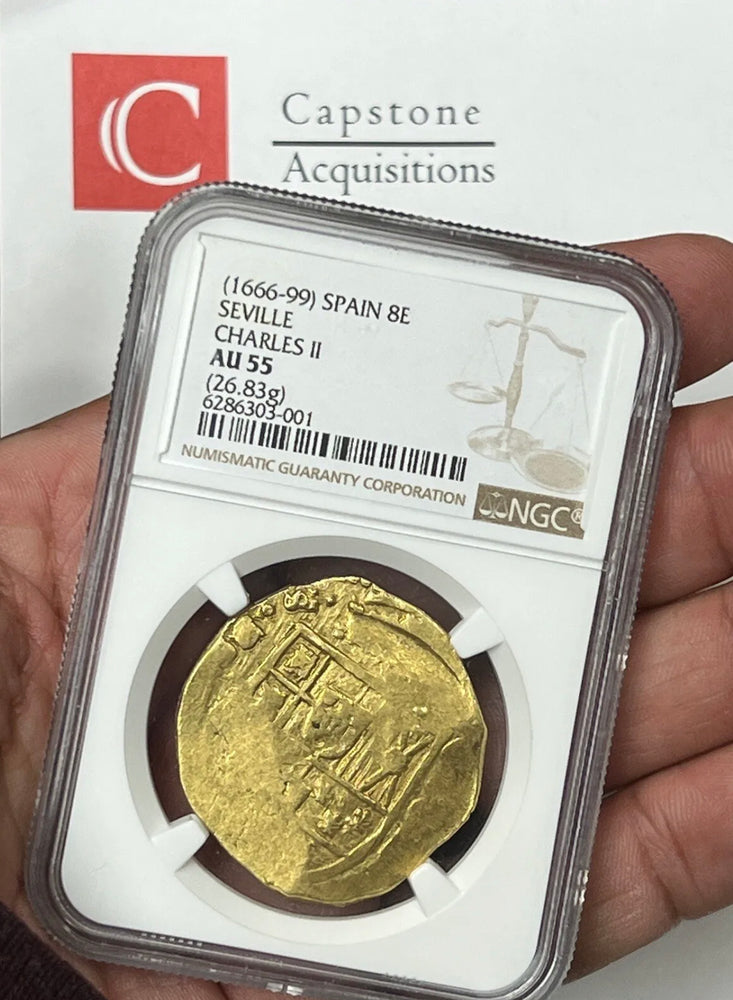 1666-1699 Spain Charles II Gold Cob 8 Escudos NGC AU55
