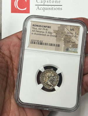 
                
                    Load image into Gallery viewer, Roman Emperor Titus 79-81 AD, Silver Denarius NGC Mint State One Of The Finest
                
            