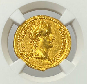 Roman Empire Tiberius AD 14-37 Gold Aureus NGC AU Tribute Penny In Gold Jesus