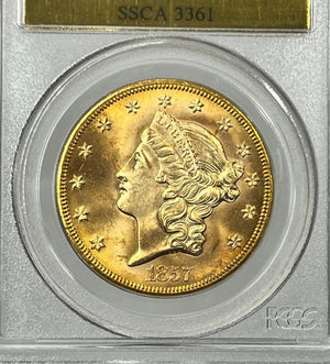 
                
                    Load image into Gallery viewer, 1857-S $20 Liberty Gold Double Eagle PCGS MS64 SS Central America Shipwreck obverse
                
            