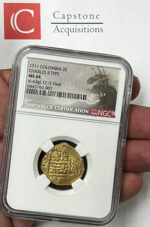 1711 Colombia Charles II  2 Escudos Gold Cob NGC MS64 1715 Fleet Shipwreck