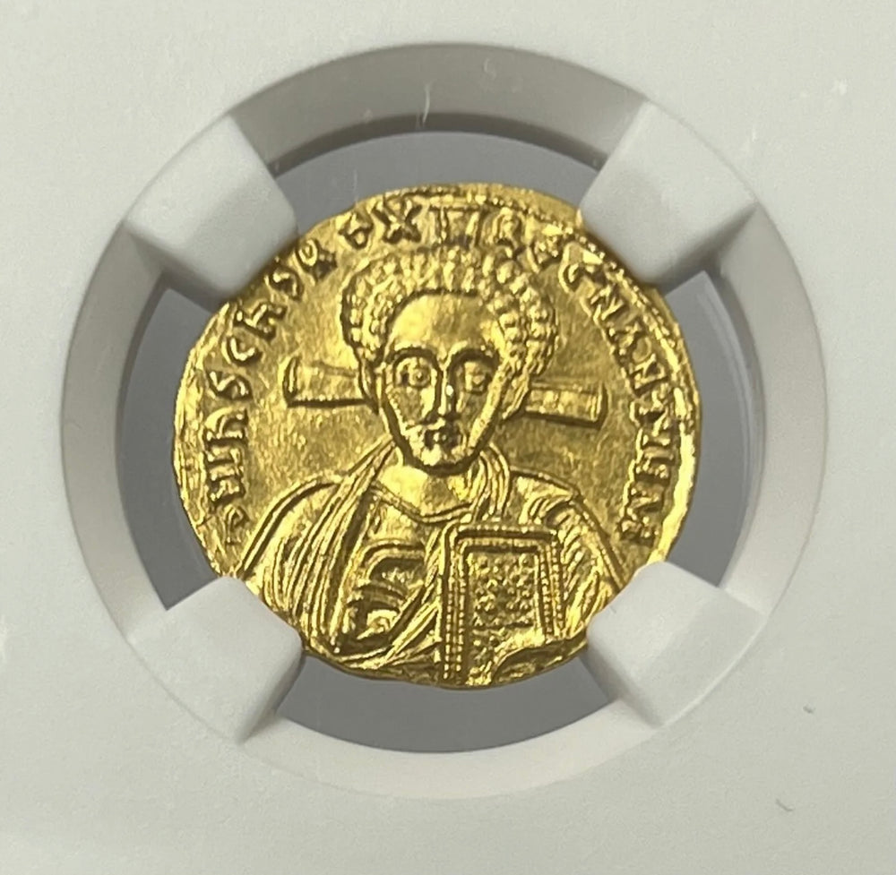 Byzantine Empire Justinian II AD 705-711  Gold Solidus NGC CHMS 2nd Reign Jesus