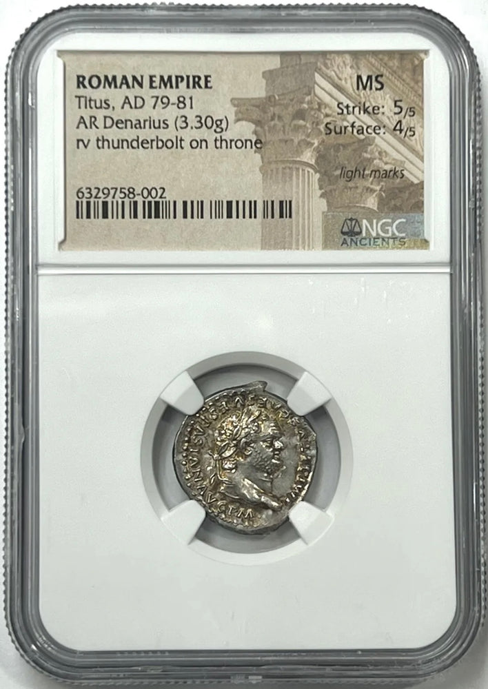 Roman Emperor Titus 79-81 AD, Silver Denarius NGC Mint State One Of The Finest