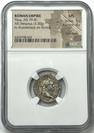 
                
                    Load image into Gallery viewer, Roman Emperor Titus 79-81 AD, Silver Denarius NGC Mint State One Of The Finest
                
            